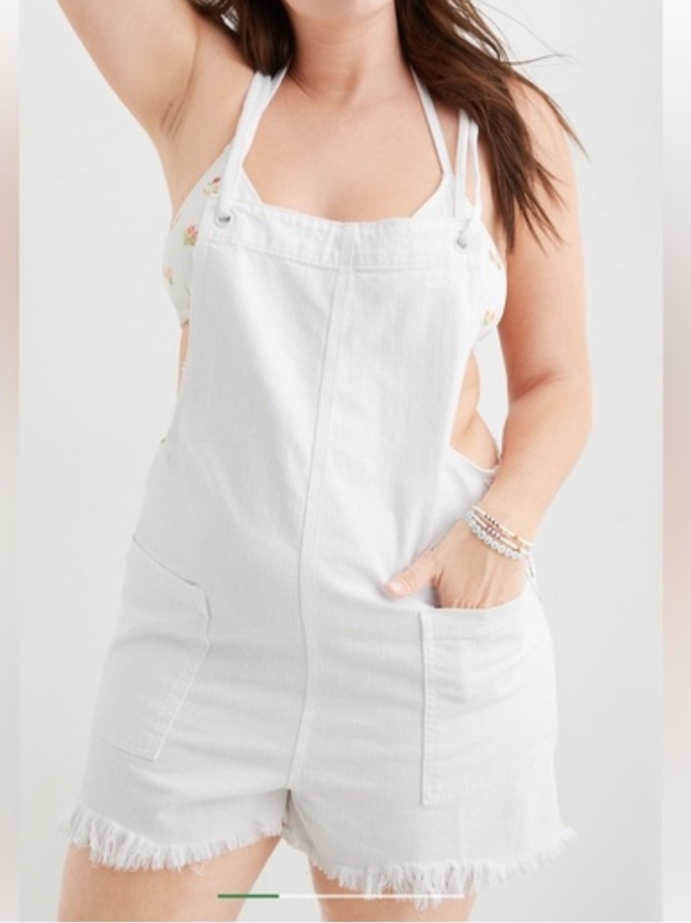 Aerie White Denim Raw Hem Cotton Romper Overalls